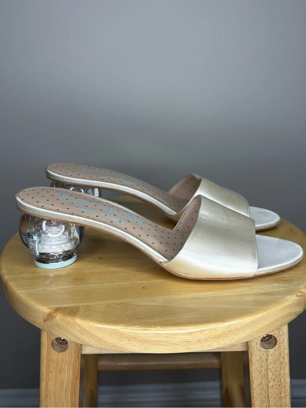 kate spade Champagne Satin Slide Heels with Clear Orb Heel